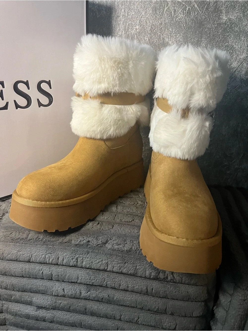 GUESS Tan Suede Platform Ankle Boots with White Faux-Fur Cuff and Crystal Bow